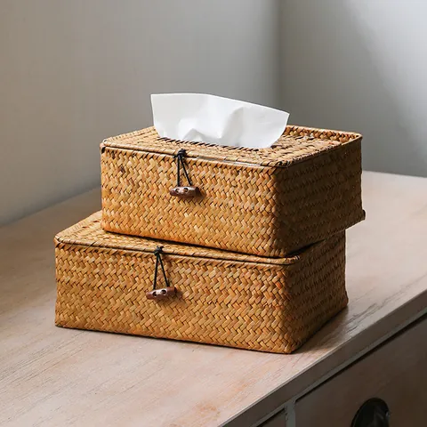 Handmade Wicker Tissue Box With Compartments Remote Control Holder Woven Straw Desktop Organizer For Living Room Decor