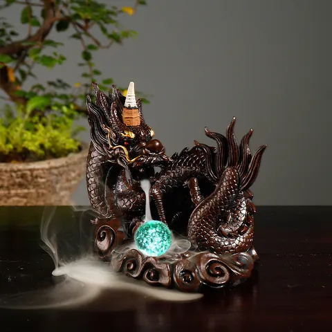 Quemador de Incienso de Reflujo de Resina Clásica Dragón Chino Con Luz LED Bola de Cristal Zen Cascada de Humo Decoración de Oficina