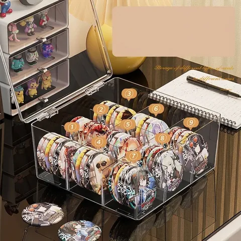 Clear PET Badge Storage Box Dustproof Desktop Organizer With Lid Multi-Grid Display Case For Pins Cards Collectibles