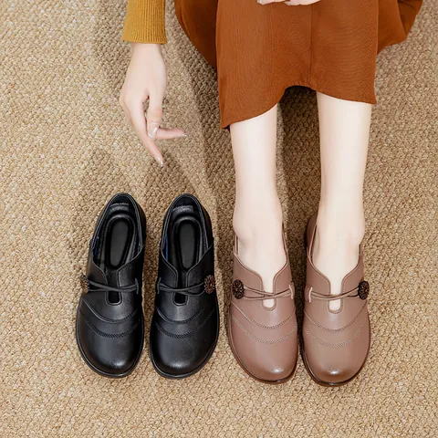 Women's Comfort Slip-on Loafers Microfiber Leather Flat Soft Sole Non-slip Middle-aged Elderly Mother Shoes With Floral Decor