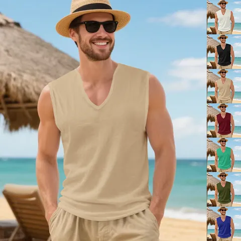 Men's American Style V-Neck Tank Top Quick-Dry Breathable Sleeveless Muscle Vest Loose Casual Beach Sports Polyester Shirt