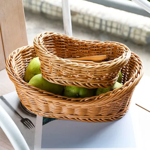 Imitation Rattan Woven Fruit Basket Brown Ingot Shaped Plastic Storage Tray Bread Dessert Plate For Kitchen Living Room Tabletop Decor