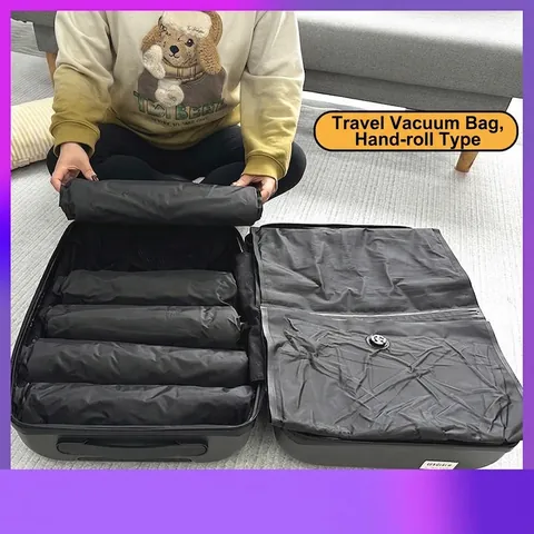 Sacchetto per Sottovuoto a Rotolo Manuale per Valigia da Viaggio PET PE Sacchetto di Stoccaggio Salvaspazio Senza Pompa Blu Marino Organizzatore di Vestiti