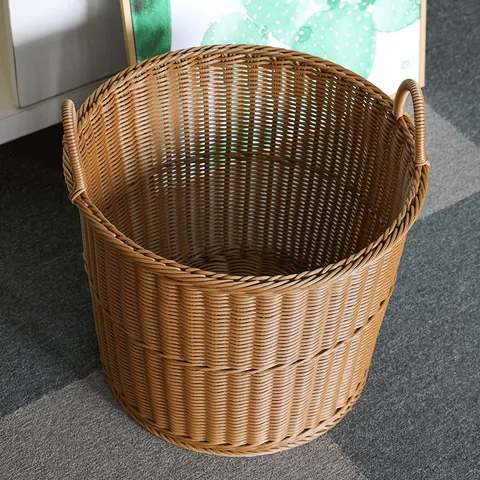 Grand Panier à Linge Tissé Imitation Rotin Bac de Rangement en Plastique Avec Doubles Poignées pour Vêtements Jouets Maison Organisation