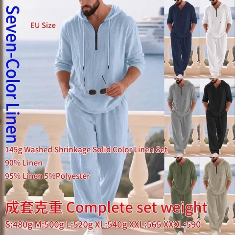 Heren Old Money Stijl Linnen Top Met Capuchon En Halve Rits Lange Mouwen En Broek Casual Effen Kleur Zomervakantie Outfit