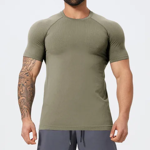 Men Seamless Muscle Fit Sport T-Shirt Quick Dry Breathable Gym Fitness Short Sleeve Top Running Athletic Training Tee