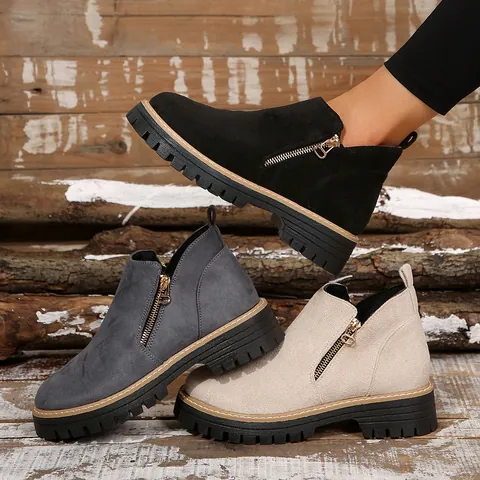 Bottines Femme Bottines Martin Fermeture Éclair Latérale Bout Rond Talon Carré Rétro Cuir PU Semelle Crantée Western Casual Automne