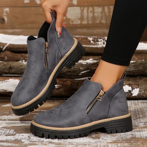 Bottines Femme Bottines Martin Fermeture Éclair Latérale Bout Rond Talon Carré Rétro Cuir PU Semelle Crantée Western Casual Automne