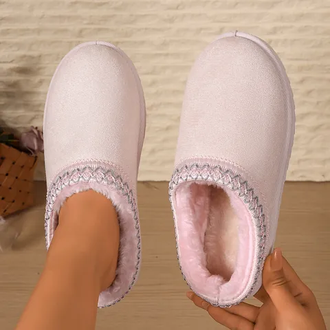 Women Suede Faux Fur Lined Snow Boot Slippers Platform Mules Embroidered Closed Toe Cotton Shoes For Winter Outdoor Indoor Casual