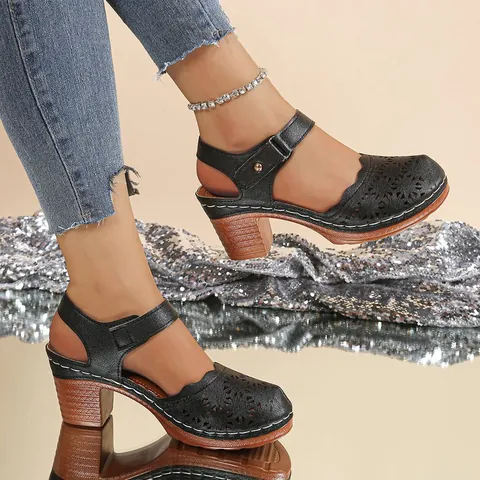Women Vintage Hollow Out Closed Toe Sandals Chunky High Heels Buckle Strap Roman Style PU Leather Retro Summer Shoes