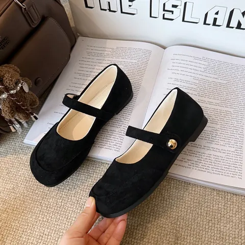 Bailarinas Mary Jane de Gamuza Vintage Francés para Mujer Punta Redonda Correa con Hebilla Tacón Bajo Zapatos Planos Casuales Suaves