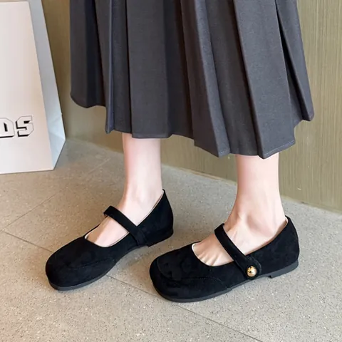 Bailarinas Mary Jane de Gamuza Vintage Francés para Mujer Punta Redonda Correa con Hebilla Tacón Bajo Zapatos Planos Casuales Suaves