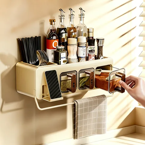 Wandmontiertes Gewürzdosen Organizer Set Küche Mehrgitter Feuchtigkeitsbeständige Gewürzbox Mit Transparentem Fenster Lagerregal