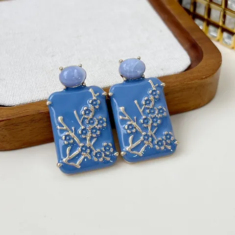 French Vintage Enamel Wintersweet Flower Stud Earrings Zinc Alloy 925 Sterling Silver Post Relief Floral Jewelry For Women