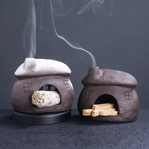Creative Ceramic House Incense Burner European Style Fireplace Palo Santo Sage Holder Vintage Purple Clay Home Decor Ornament