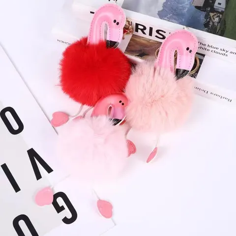 Flamingo Pompom Keychain Faux Fur Plush Animal Bag Charm With Synthetic Leather Detail Heart Wing Metal Ring For Women Bag Pendant