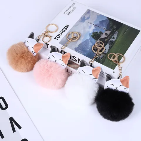Cute Lucky Cat Faux Rabbit Fur Plush Ball Keychain Soft Animal Bag Charm With PU Leather Patch Key Ring For Women Girls Gift