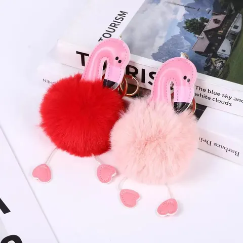 Flamingo Pompom Keychain Faux Fur Plush Animal Bag Charm With Synthetic Leather Detail Heart Wing Metal Ring For Women Bag Pendant