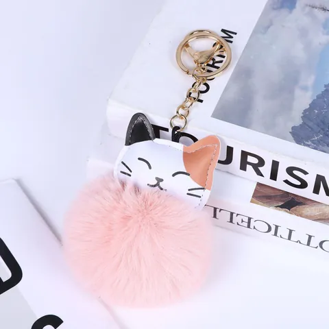 Cute Lucky Cat Faux Rabbit Fur Plush Ball Keychain Soft Animal Bag Charm With PU Leather Patch Key Ring For Women Girls Gift