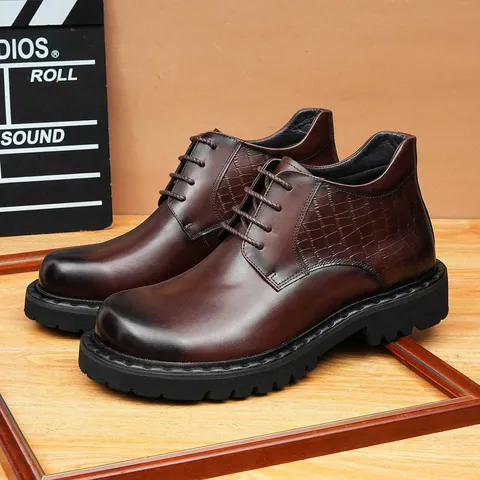 Men British Style Crocodile Pattern Stitching Genuine Leather Martin Boots Thick Sole Round Toe Lace-up Casual Winter Shoes