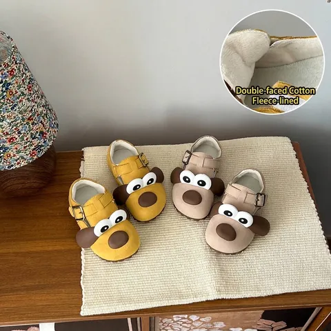 Kids Winter Fleece Lined Sneakers Microfiber Leather Soft Sole Casual Shoes Cartoon Puppy Pattern Warm Toddler Boys Girls Shoes