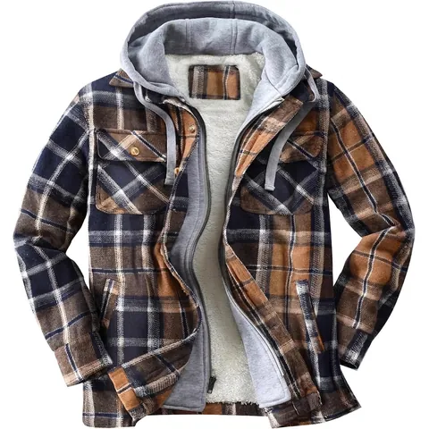 Men Plaid Hooded Jacket Thick Fleece Lined Flannel Brushed Loose Fit Casual Winter Coat Long Sleeve Heavy Outerwear Top