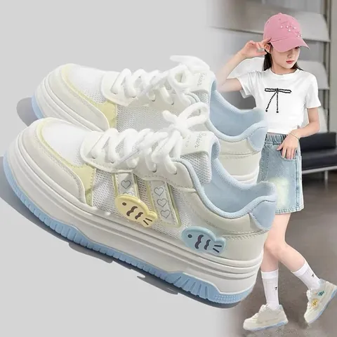Girls Casual Thick Sole Board Shoes PU Leather Cartoon Fish Heart Pattern Anti-Slip Lightweight Sneakers For Kids School Everyday