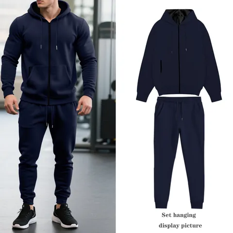 Hombre Invierno Forro Polar Sudadera con Capucha Pantalones Parte Superior Y Inferior Cremallera Térmico Informal Deporte