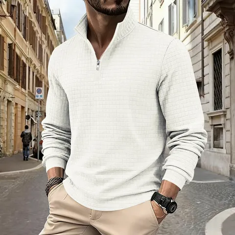 Felpa da Uomo Minimalista Americana con Mezza Zip Tessuto Pesante a Nido d'Ape Pullover Collo Rialzato Casual Tinta Unita Manica Lunga