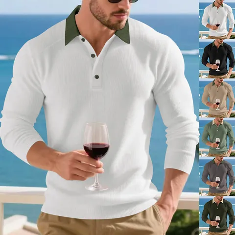 Men Heavyweight Ribbed Long Sleeve Polo Shirt American Style Contrast Lapel Casual Knit Top For Autumn Vacation Daily Wear