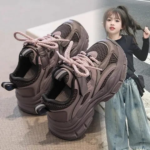 Girls Breathable Mesh Sports Dad Shoes Thick Sole Casual Kids Sneakers With Velcro Closure