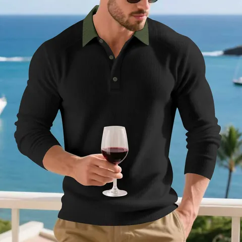 Polo à Manches Longues Rétro Américain pour Hommes Tricot Côtelé Lourd Col Contrasté Pull Tricoté Décontracté Ample