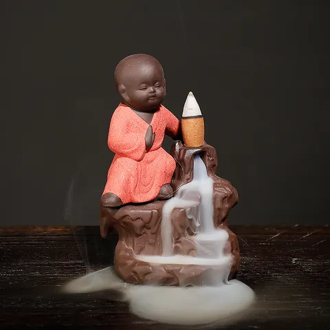 Handmade Purple Sand Backflow Incense Burner Zen Little Monk Design Mountain Waterfall Smoke Fountain Home Decor Ornament