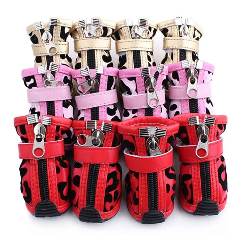 Leopard Print Pet Dog Shoes Soft PU Leather Flocked Boots With Zipper And Velcro Non Slip Rubber Sole For Small Dogs Shoes