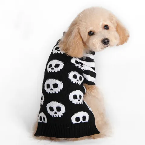 Suéter de Halloween para Perro Gato Calavera Mangas a Rayas Ropa de Punto para Cachorros Atuendo Cálido de Invierno Festivo