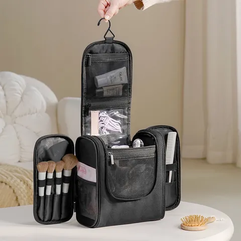 Large Capacity Hanging Toiletry Bag Waterproof Shantung Fabric Double Open Travel Cosmetic Organizer Case For Men Women