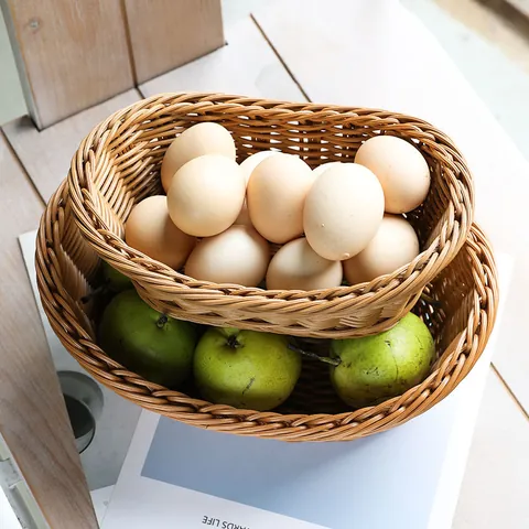 Imitation Rattan Woven Fruit Basket Brown Ingot Shaped Plastic Storage Tray Bread Dessert Plate For Kitchen Living Room Tabletop Decor