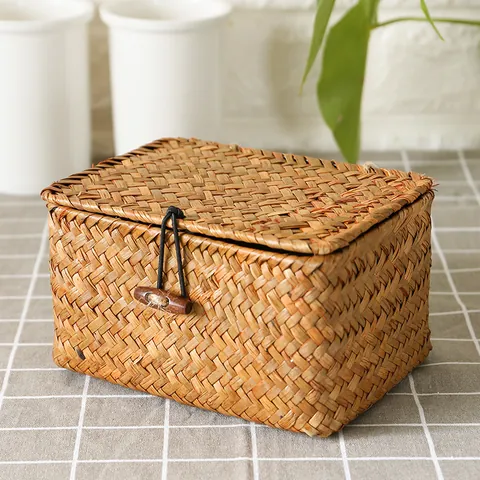Handwoven Cattail Storage Box With Lid Desktop Organizer Basket Rustic Woven Container For Cosmetics Sundries Home Decor