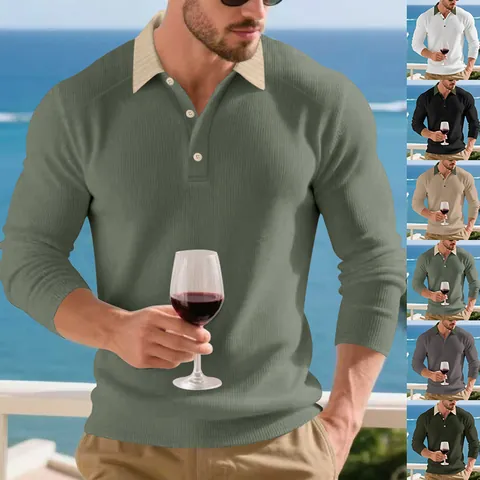 Polo à Manches Longues Rétro Américain pour Hommes Tricot Côtelé Lourd Col Contrasté Pull Tricoté Décontracté Ample