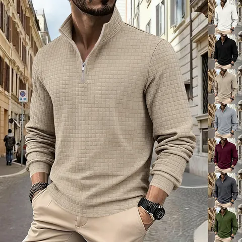 Felpa da Uomo Minimalista Americana con Mezza Zip Tessuto Pesante a Nido d'Ape Pullover Collo Rialzato Casual Tinta Unita Manica Lunga