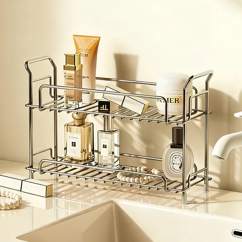 304 Stainless Steel Bathroom Organizer Shelf Countertop Double Layer Storage Rack For Makeup Cosmetics Toiletries Modern Minimalist Decor