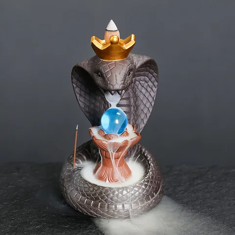 Creative Purple Sand Cobra Snake Backflow Incense Burner With Golden Crown Ganesha Buddha Statue Zen Home Aromatherapy Decor Ornament