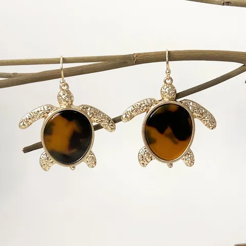 Pendientes de Gota de Tortuga Marina de Oro Estilo Corte Retro Para Mujer Joyería de Vacaciones con Patrón de Carey