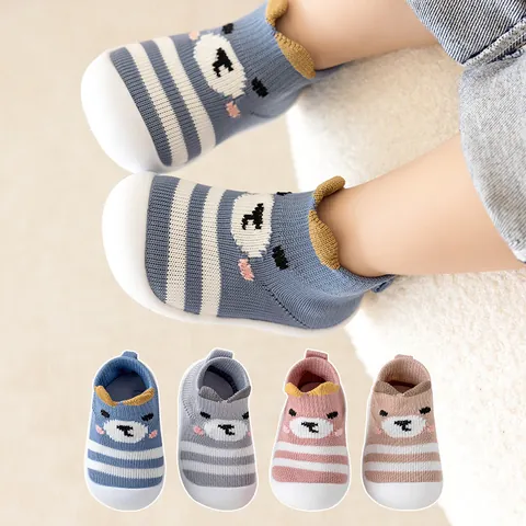 Baby First Walkers Knitted Cotton Sock Shoes Breathable Soft Sole Striped Cartoon Bear Slip-on Infant Sneakers Spring Autumn