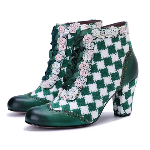 Dames Vintage Schapenvacht Enkellaarsjes Handbewerkt Ruitjes Patchwork Brogue Vetersluiting Kantafwerking Blokhak Stiefels