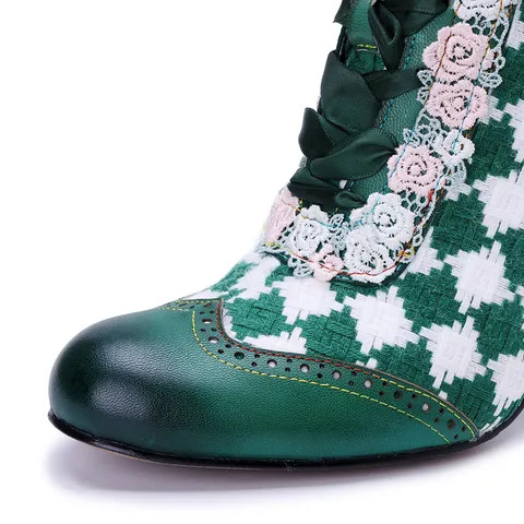 Dames Vintage Schapenvacht Enkellaarsjes Handbewerkt Ruitjes Patchwork Brogue Vetersluiting Kantafwerking Blokhak Stiefels