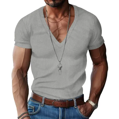 Heren Corduroy T-Shirt V-Hals Slim Fit Korte Mouw Top Effen Kleur Getextureerd Casual Zomer T-Shirt Voor Mannen