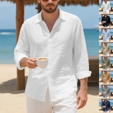 Camicia da Uomo in Lino Vestibilità Larga Americana Casual Manica Lunga Bottoni Colletto a Punta Top Estivo Spiaggia