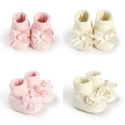Baby Girls Bow Sock Shoes Newborn Toddler Non-slip Soft Cotton Sole Princess Lace Crib Shoes Prewalker First Walkers