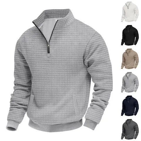 Felpa da Uomo con Mezza Zip Collo Alto Pullover in Maglia a Nido d'Ape Casual a Maniche Lunghe con Cerniera Uomo